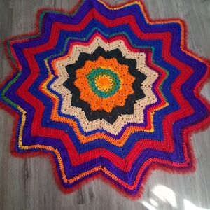 Homemade Colorful Starburst Crochet Blanket Outlined With Red Eyelash